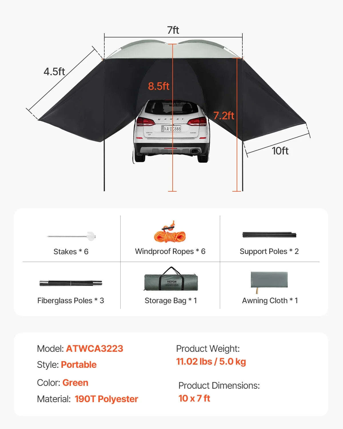 Retractable Vehicle Side Awning with Waterproof Storage Bag-6.6x8.2ft / United Kingdom