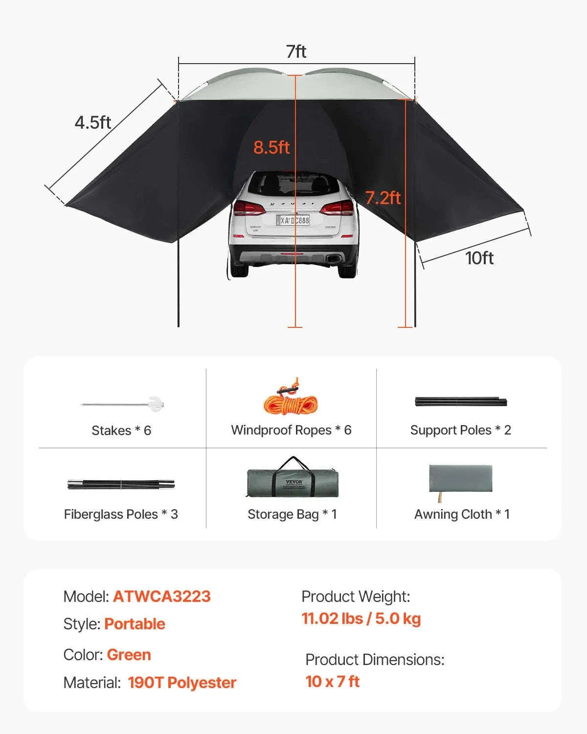 Retractable Vehicle Side Awning with Waterproof Storage Bag-6.6x8.2ft / United Kingdom