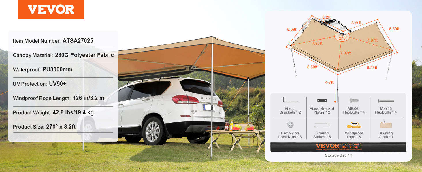 Retractable Vehicle Side Awning with Waterproof Storage Bag-6.6x8.2ft / United Kingdom
