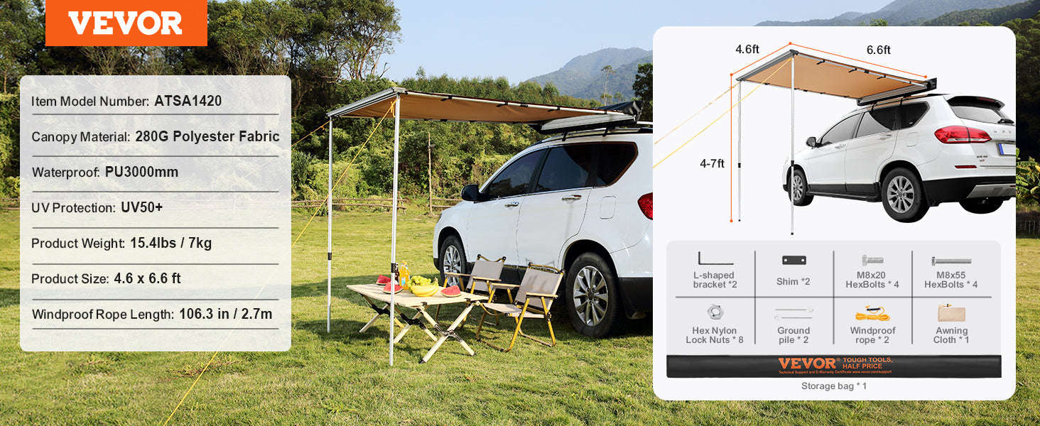Retractable Vehicle Side Awning with Waterproof Storage Bag-6.6x8.2ft / United Kingdom