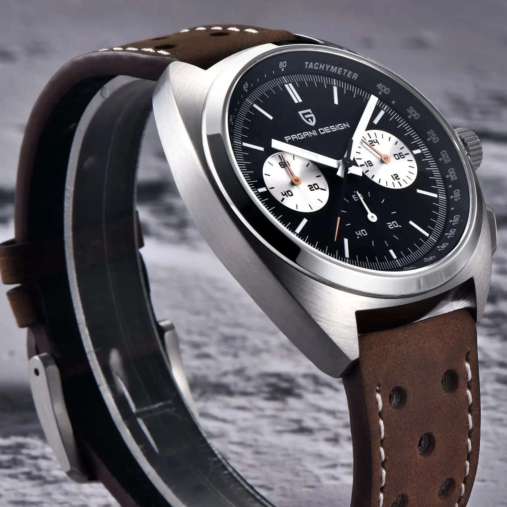 Retro Panda Dial Chronograph Watch with Sapphire Glass-Steel Blue / france