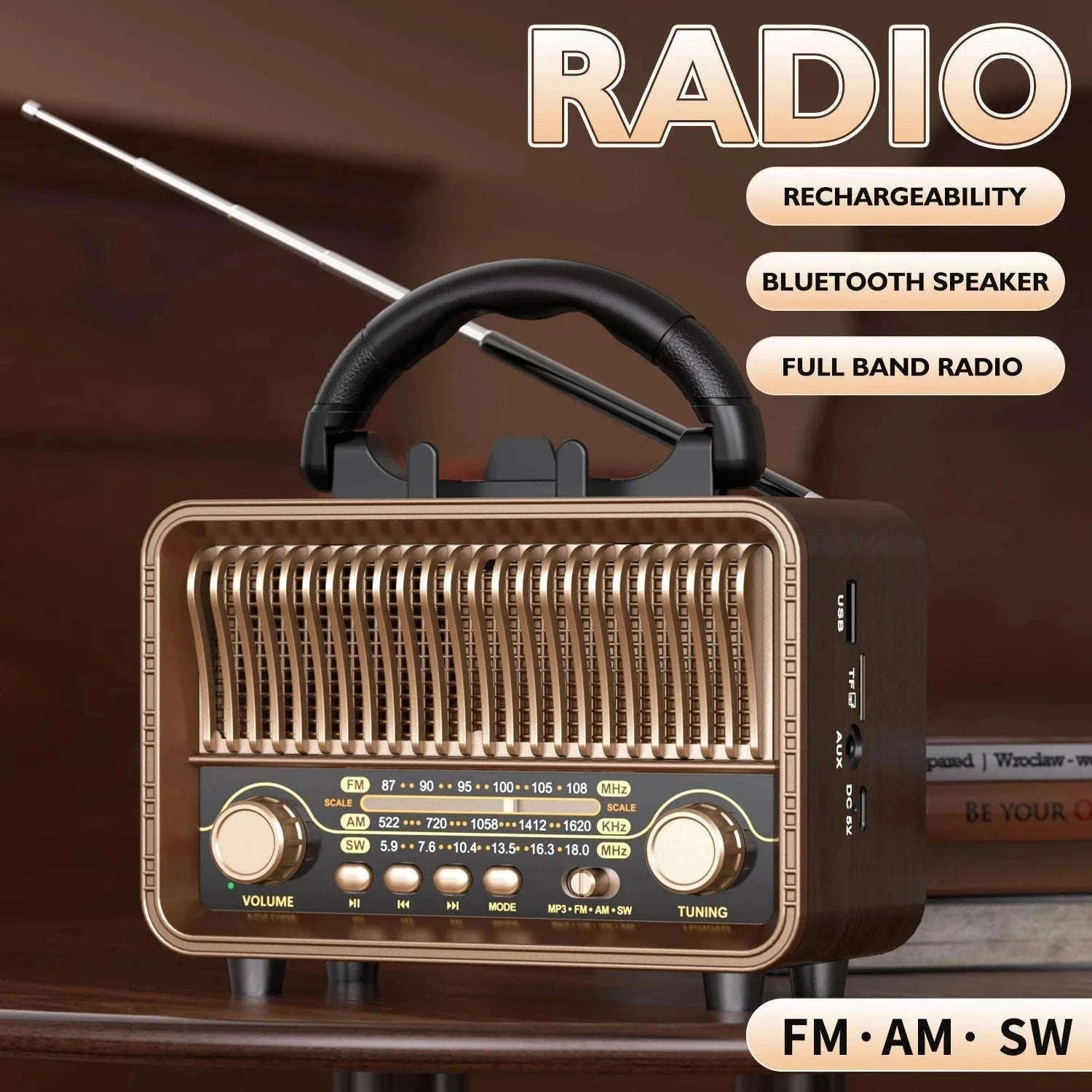 Retro Wireless Radio AM/FM/SW Portable with Bluetooth and Rechargeable Battery-Brown / China Mainland