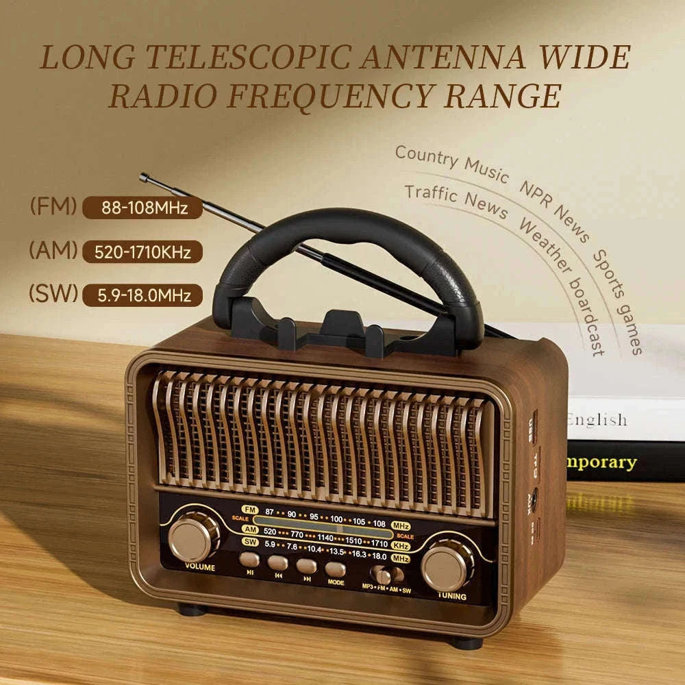 Retro Wireless Radio AM/FM/SW Portable with Bluetooth and Rechargeable Battery-Brown / China Mainland