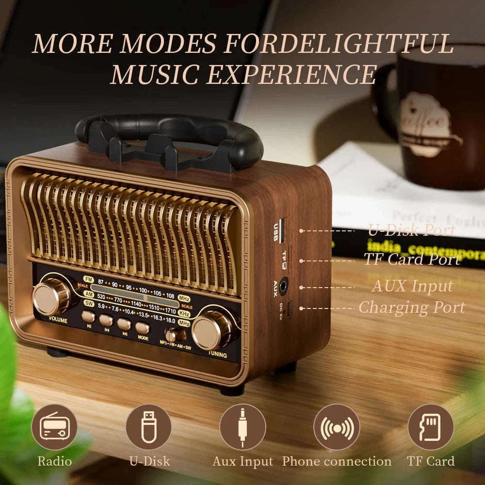 Retro Wireless Radio AM/FM/SW Portable with Bluetooth and Rechargeable Battery-Brown / China Mainland