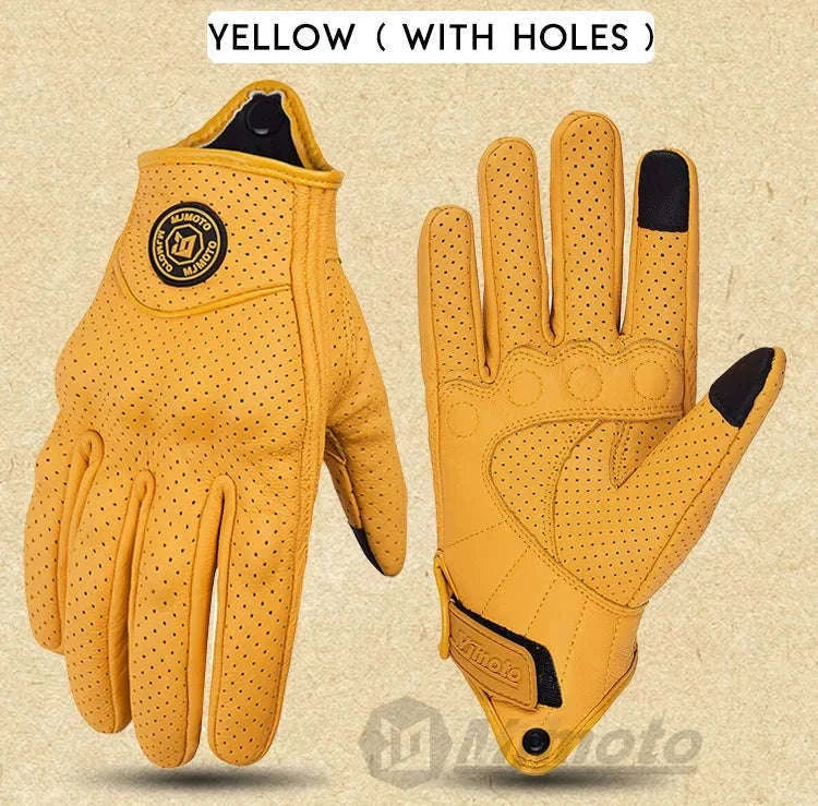 Retro Yellow Leather Motorcycle Gloves with Knuckle Protection-Yellow-Perforated / XL