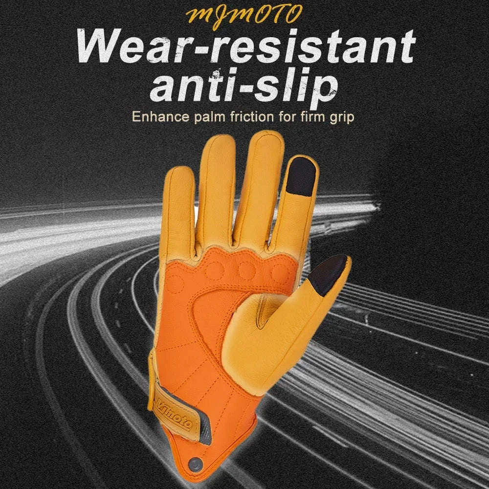 Retro Yellow Leather Motorcycle Gloves with Knuckle Protection-Yellow-Perforated / XL