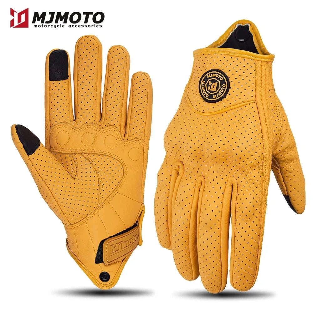 Retro Yellow Leather Motorcycle Gloves with Knuckle Protection-Yellow-Perforated / XL