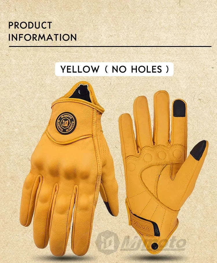 Retro Yellow Leather Motorcycle Gloves with Knuckle Protection-Yellow-Perforated / XL