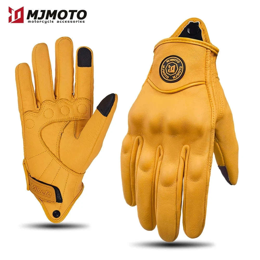 Retro Yellow Leather Motorcycle Gloves with Knuckle Protection-Yellow-Perforated / XL