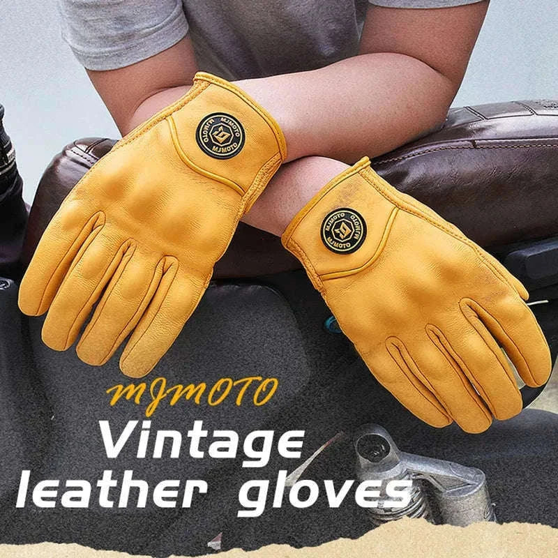Retro Yellow Leather Motorcycle Gloves with Knuckle Protection-Yellow-Perforated / XL