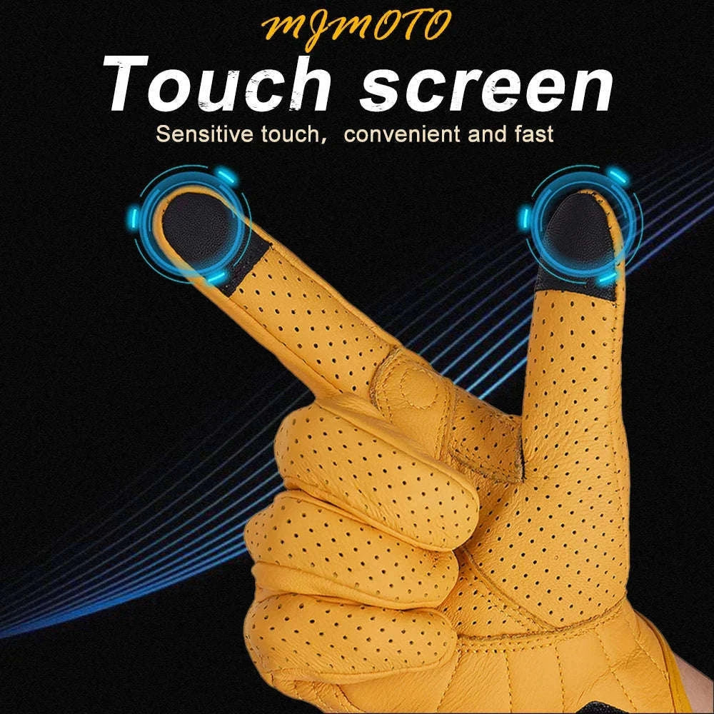 Retro Yellow Leather Motorcycle Gloves with Knuckle Protection-Yellow-Perforated / XL