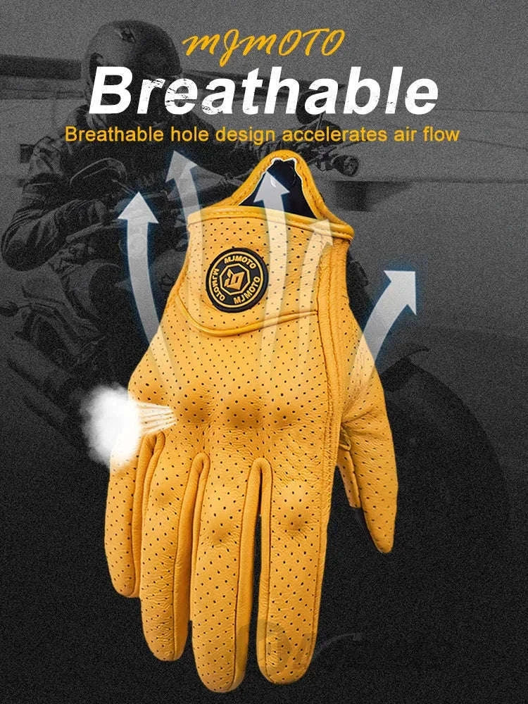 Retro Yellow Leather Motorcycle Gloves with Knuckle Protection-Yellow-Perforated / XL