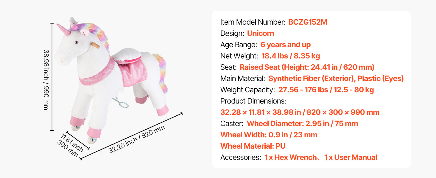 SucceBuy 110/176 lbs Kids Ride On Horse Riding Pink Unicorn Toys Smooth Wheels with Anti-Roll Stop Ring & Handles for Children