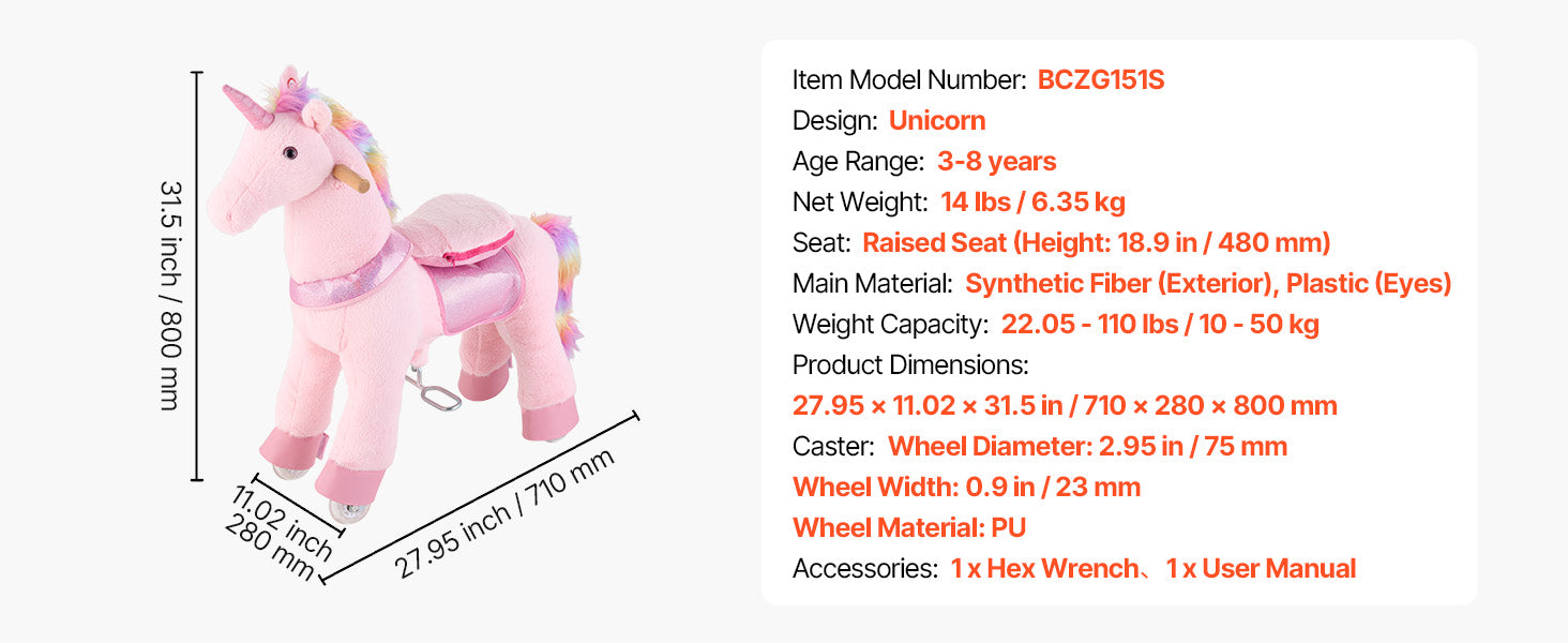 SucceBuy 110/176 lbs Kids Ride On Horse Riding Pink Unicorn Toys Smooth Wheels with Anti-Roll Stop Ring & Handles for Children