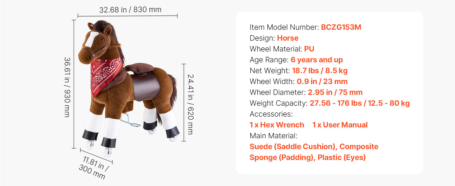 SucceBuy 110/176 lbs Kids Ride On Horse Smooth Wheels with Anti-Roll Stop Ring & Handles Pedals Riding Pony Toys for Children