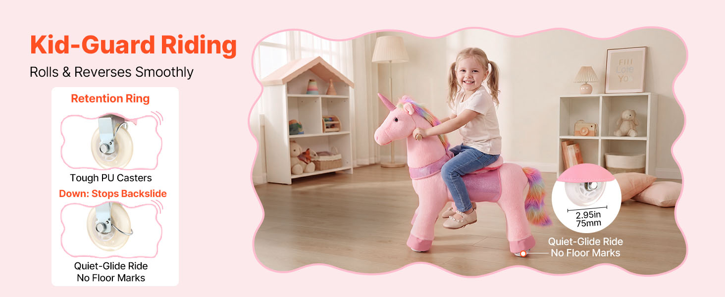 SucceBuy 110/176 lbs Kids Ride On Horse Riding Pink Unicorn Toys Smooth Wheels with Anti-Roll Stop Ring & Handles for Children