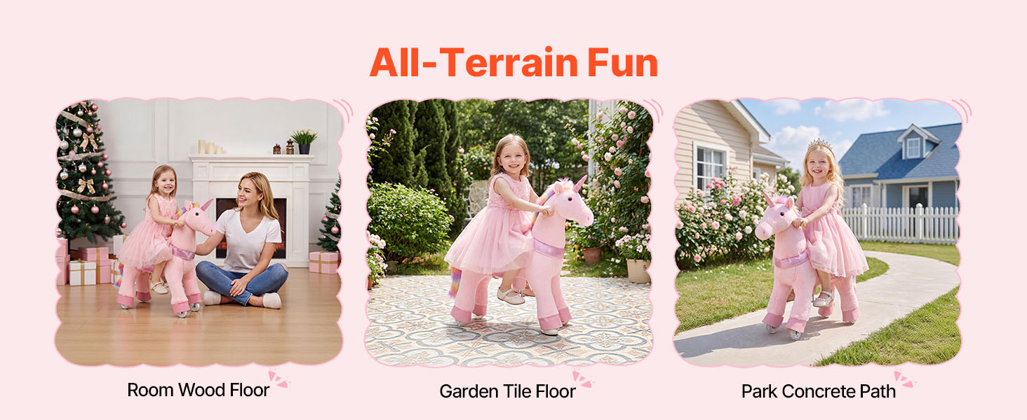 SucceBuy 110/176 lbs Kids Ride On Horse Riding Pink Unicorn Toys Smooth Wheels with Anti-Roll Stop Ring & Handles for Children