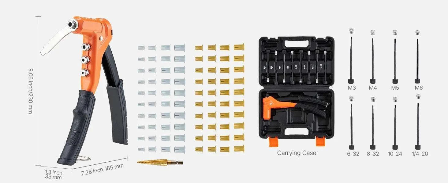 Rivet Nut Tool Kit with Mandrels & Nuts Metric SAE Set-9in B / United States