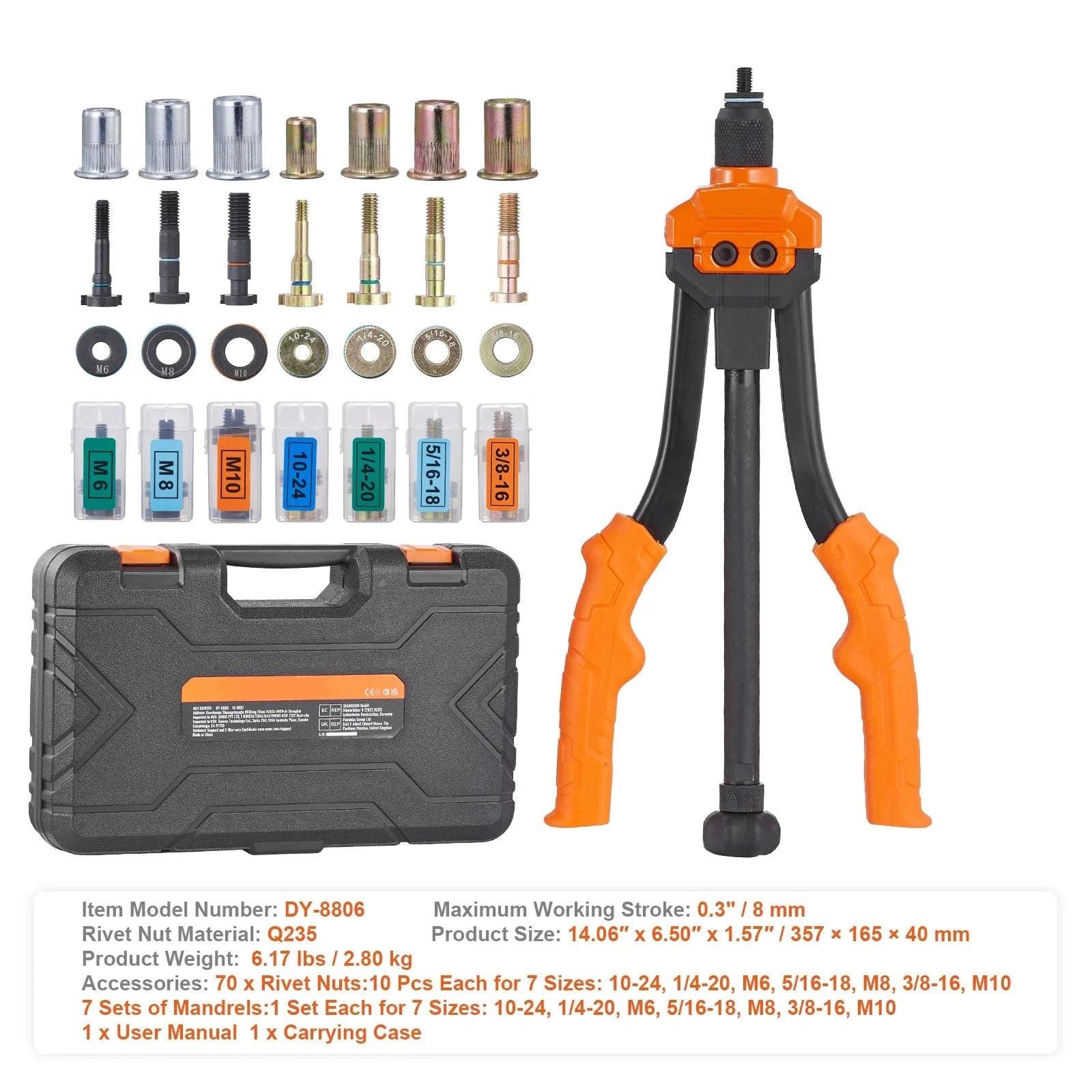 Rivet Nut Tool Kit with Metric & SAE Mandrels and Case Set-16in 186pcs None / United States