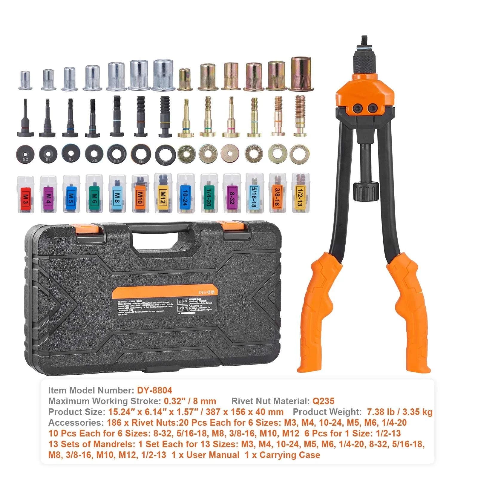 Rivet Nut Tool Kit with Metric & SAE Mandrels and Case Set-16in 186pcs None / United States