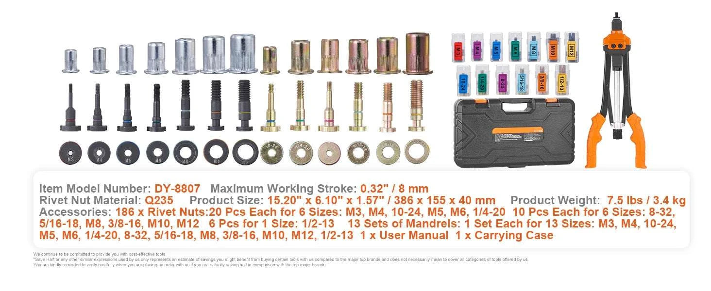 Rivet Nut Tool Kit with Metric & SAE Mandrels and Case Set-16in 186pcs None / United States