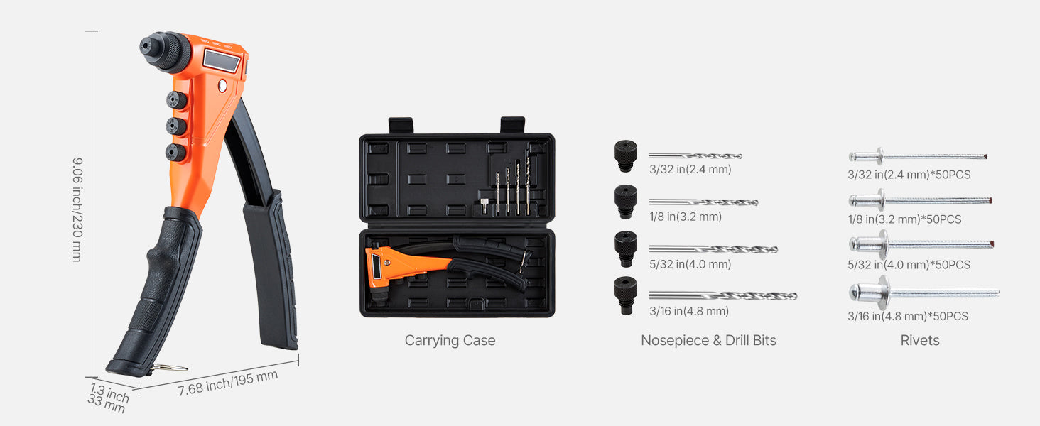Pop Rivet Gun Kit with 200 Rivets, Interchangeable Heads & Case