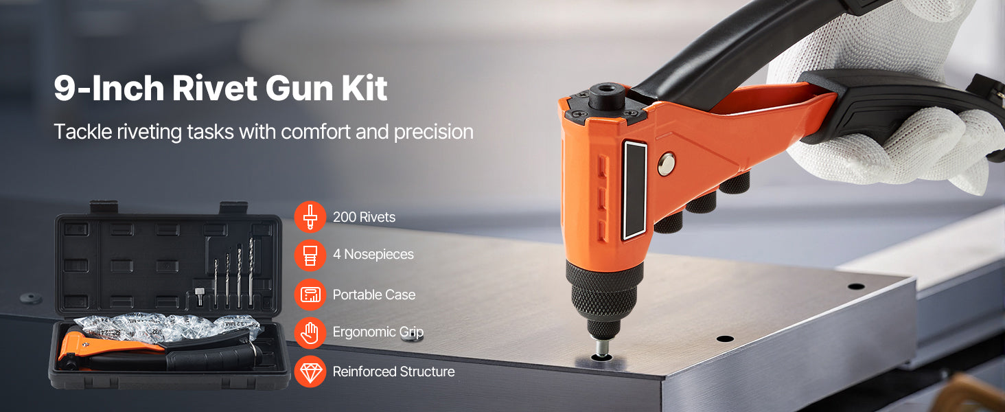 Pop Rivet Gun Kit with 200 Rivets, Interchangeable Heads & Case