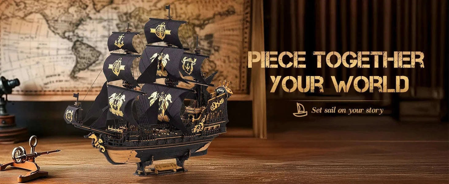 Robotime Rokr Seahorse Barque Wooden Ship Model Kit-Black / Australia