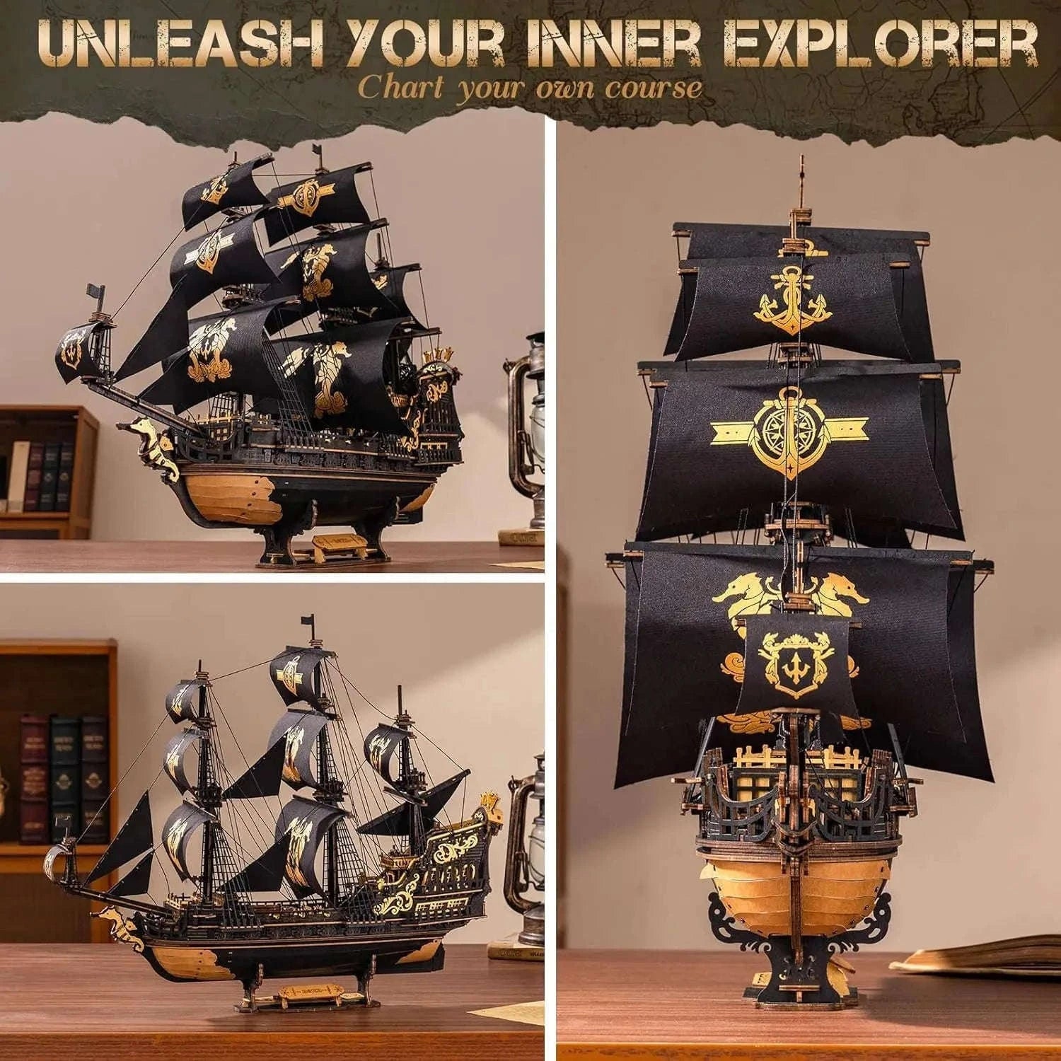 Robotime Rokr Seahorse Barque Wooden Ship Model Kit-Black / Australia