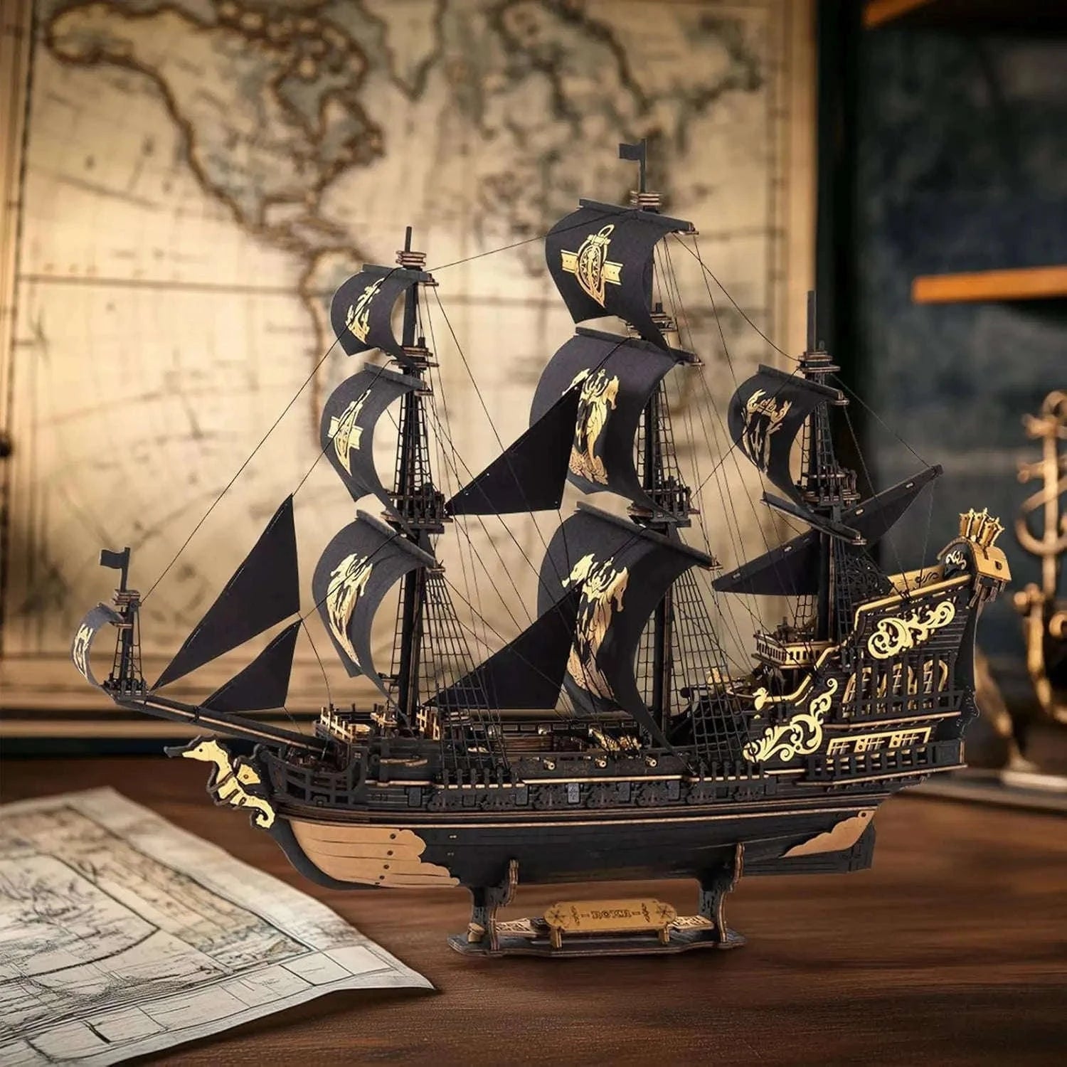 Robotime Rokr Seahorse Barque Wooden Ship Model Kit-Black / Australia