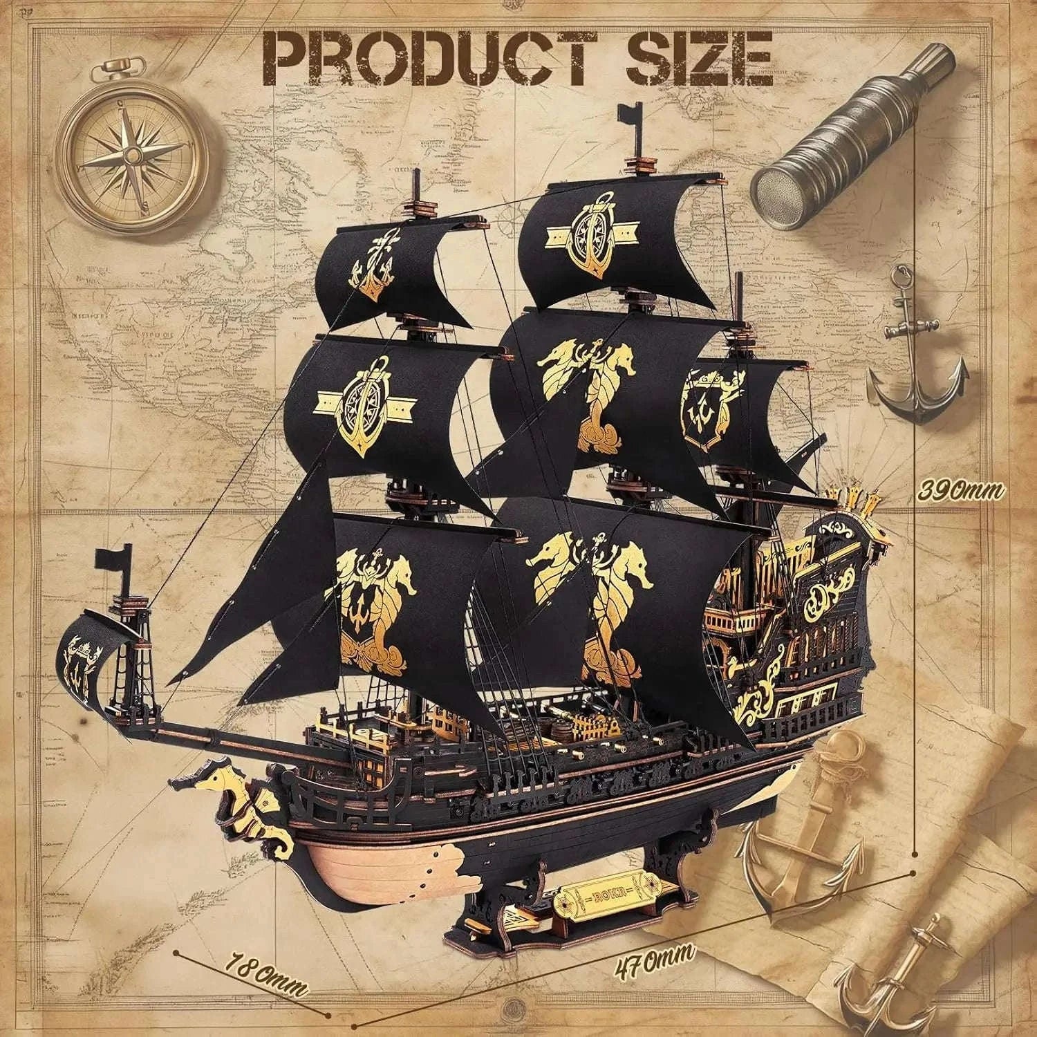 Robotime Rokr Seahorse Barque Wooden Ship Model Kit-Black / Australia