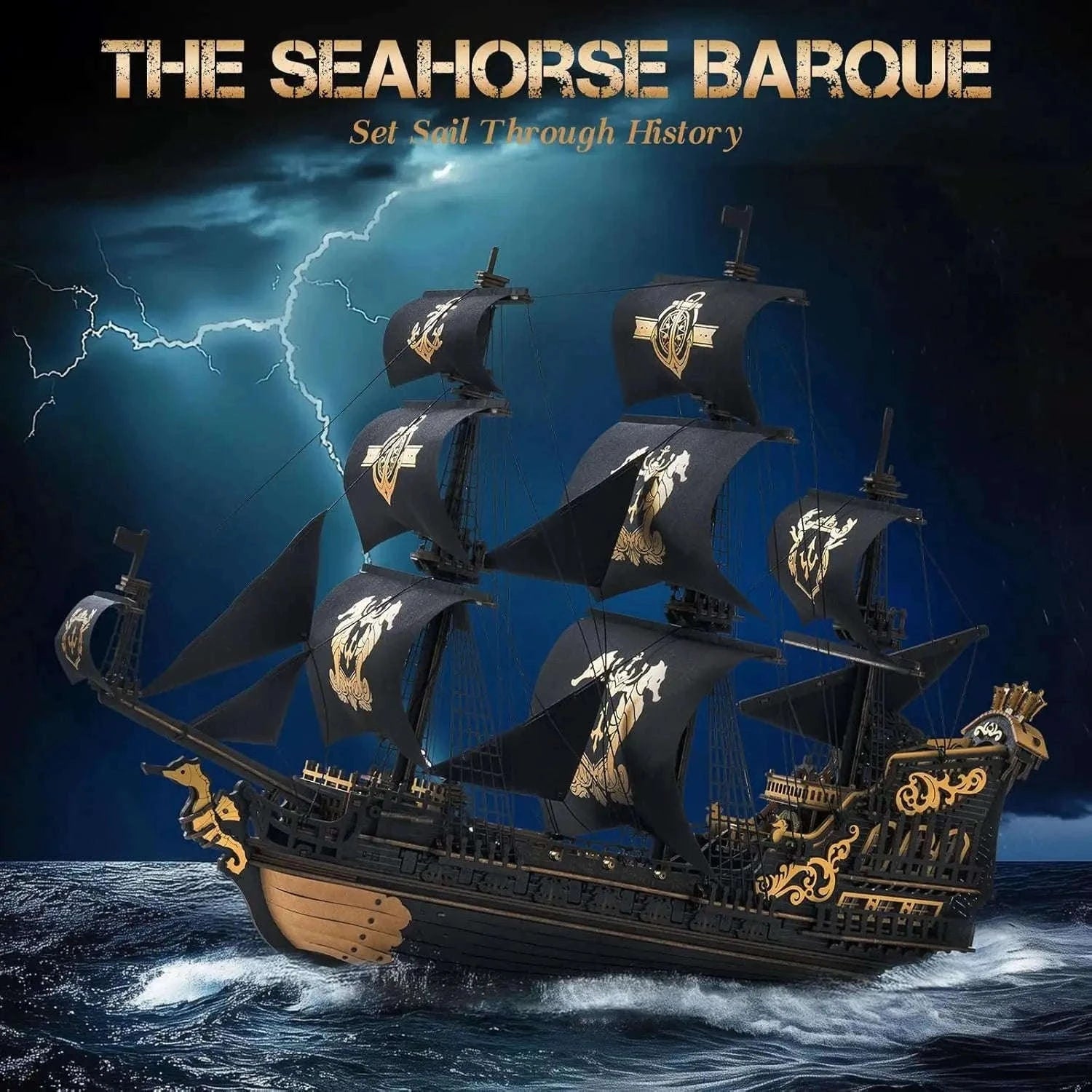 Robotime Rokr Seahorse Barque Wooden Ship Model Kit-Black / Australia
