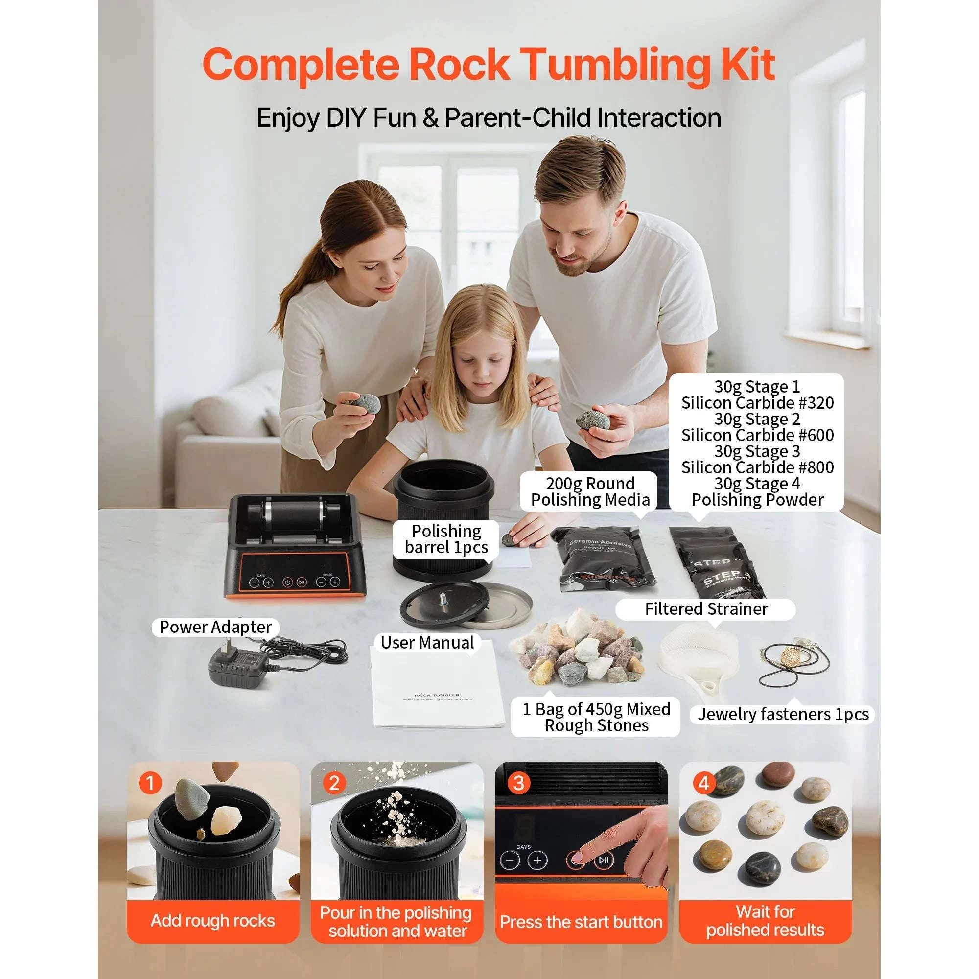 Rock Tumbler Kit with 4 Speeds & 9-Day Timer Polishing Kit-4 lbs / United States