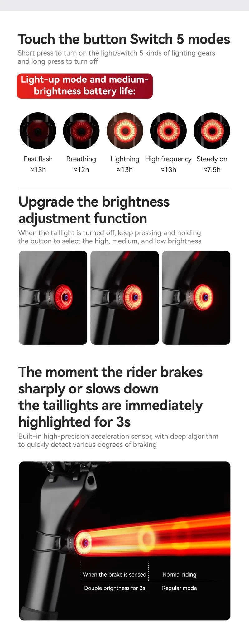 ROCKBROS Smart Bike Tail Light with Brake Sensing & Solar Power-24120010001