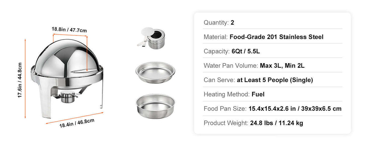 Roll Top Chafing Dish Buffet Set 6 Qt 2 Pack Stainless Steel-6QT  2 Packs / CZECH REPUBLIC
