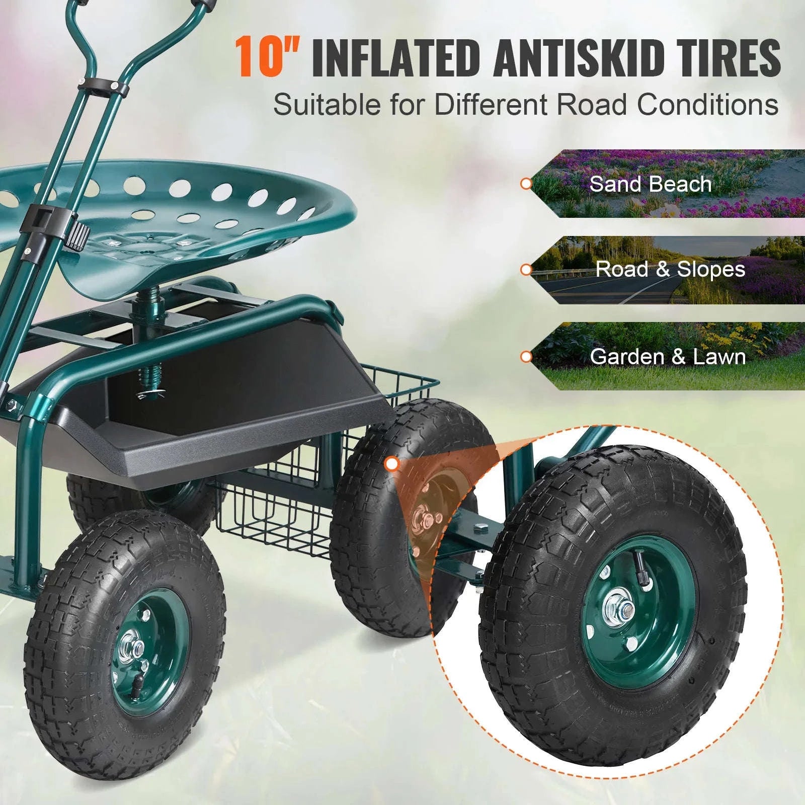 Rolling Garden Cart with Seat and Wheels-Green / CZECH REPUBLIC