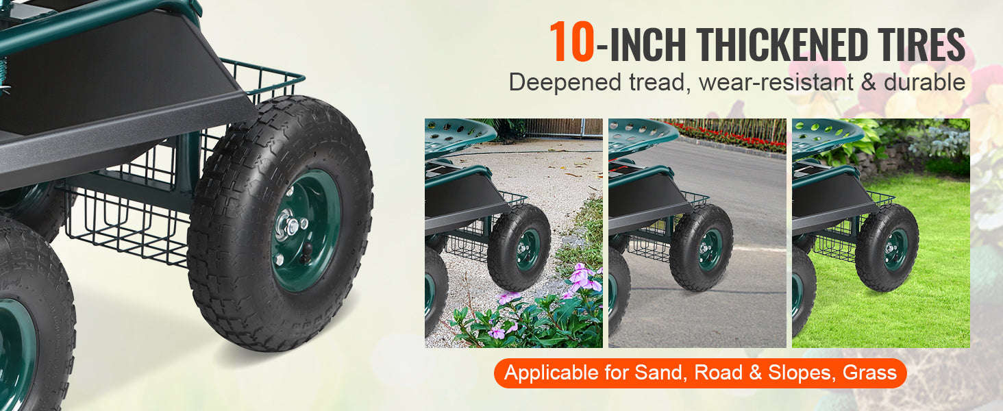 Rolling Garden Cart with Seat and Wheels-Green / CZECH REPUBLIC