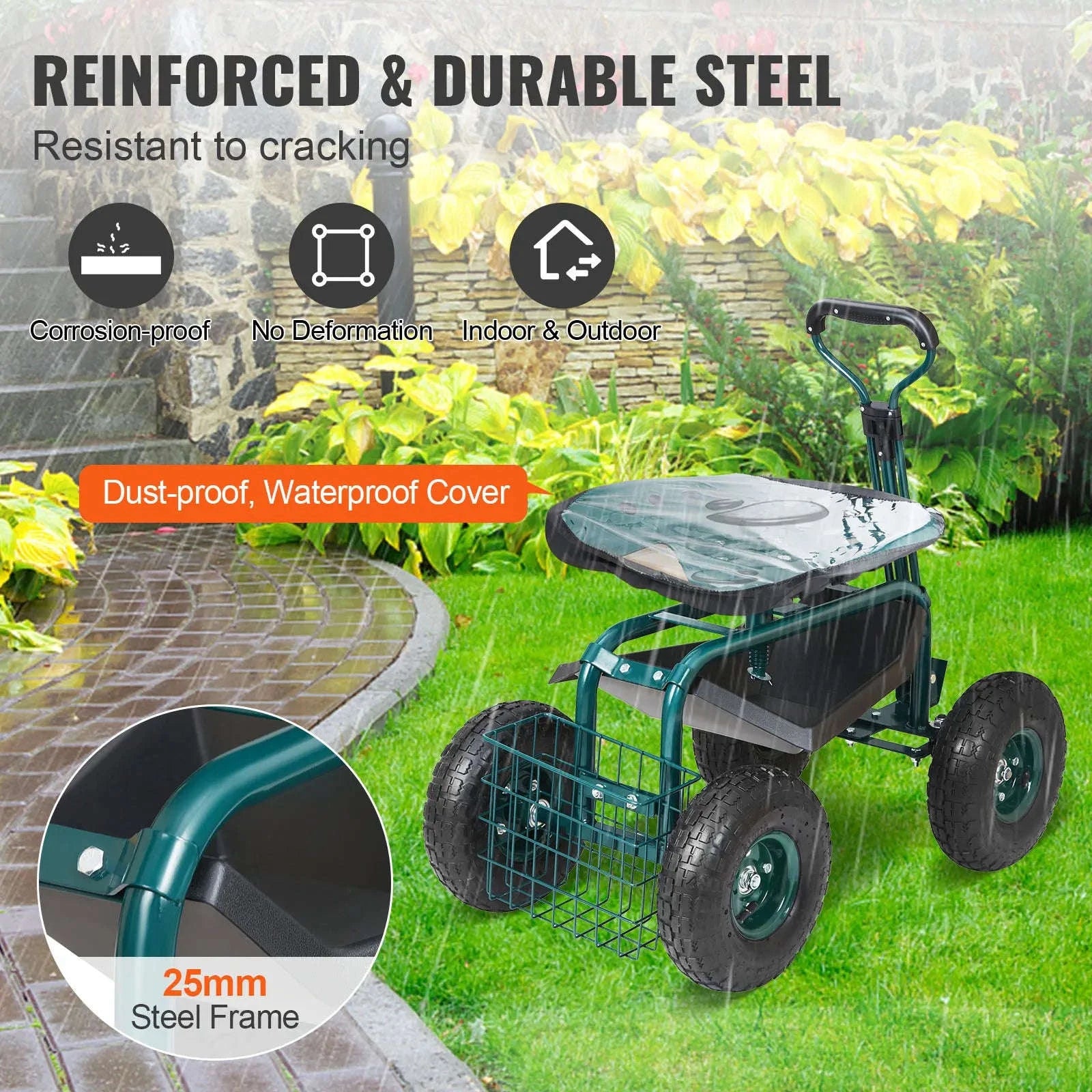 Rolling Garden Cart with Seat and Wheels-Green / CZECH REPUBLIC