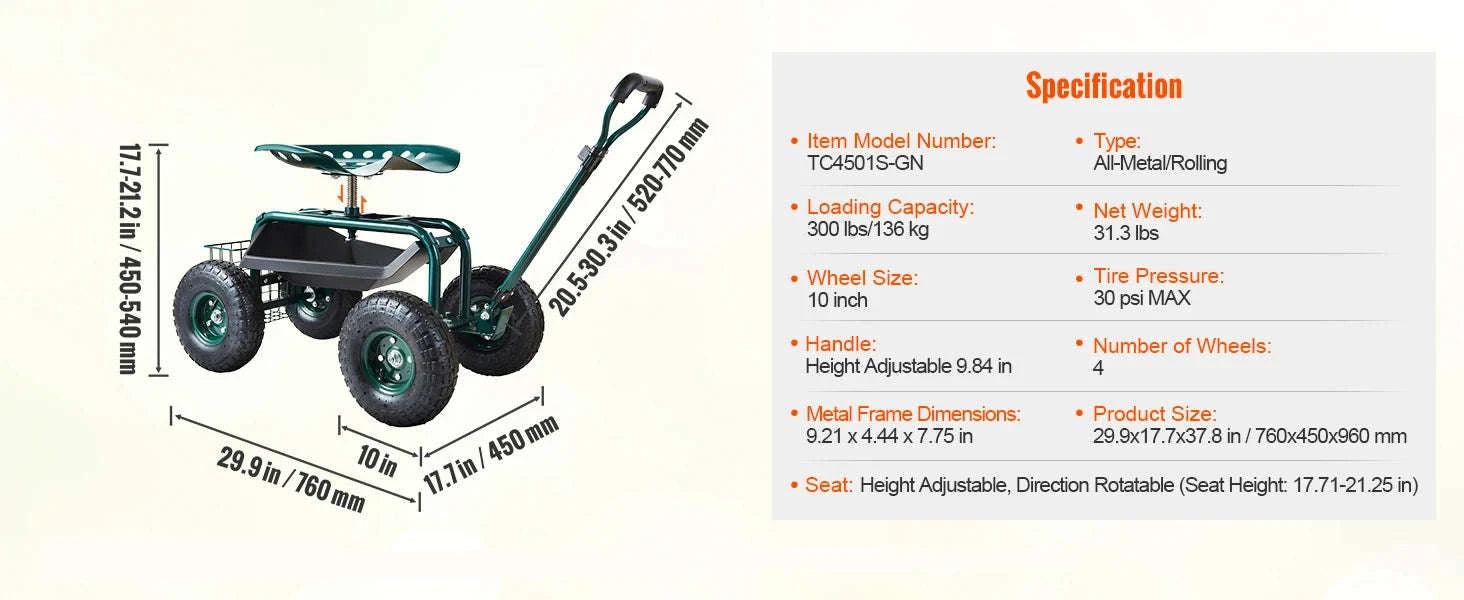 Rolling Garden Cart with Seat and Wheels-Green / CZECH REPUBLIC