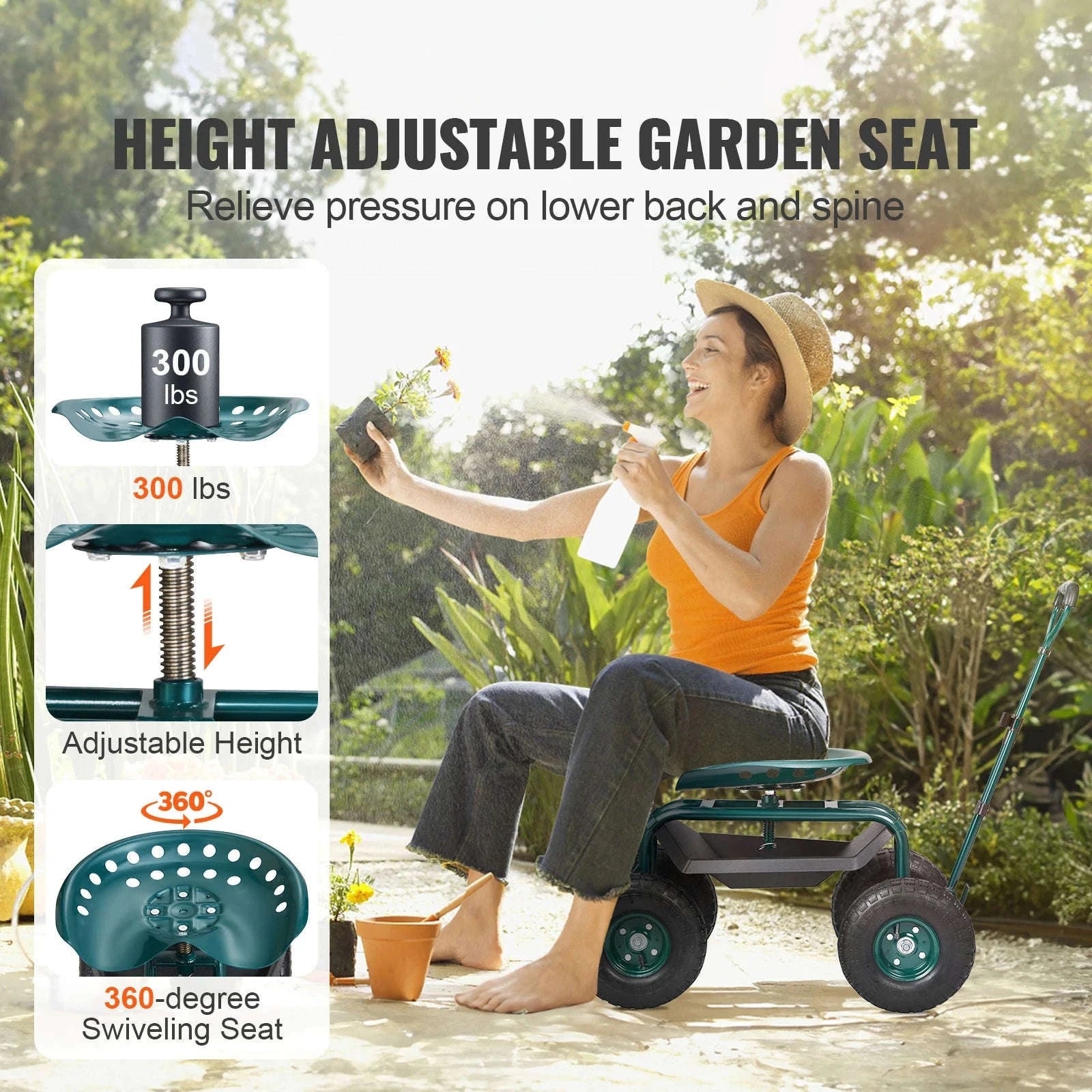 Rolling Garden Cart with Seat and Wheels-Green / CZECH REPUBLIC