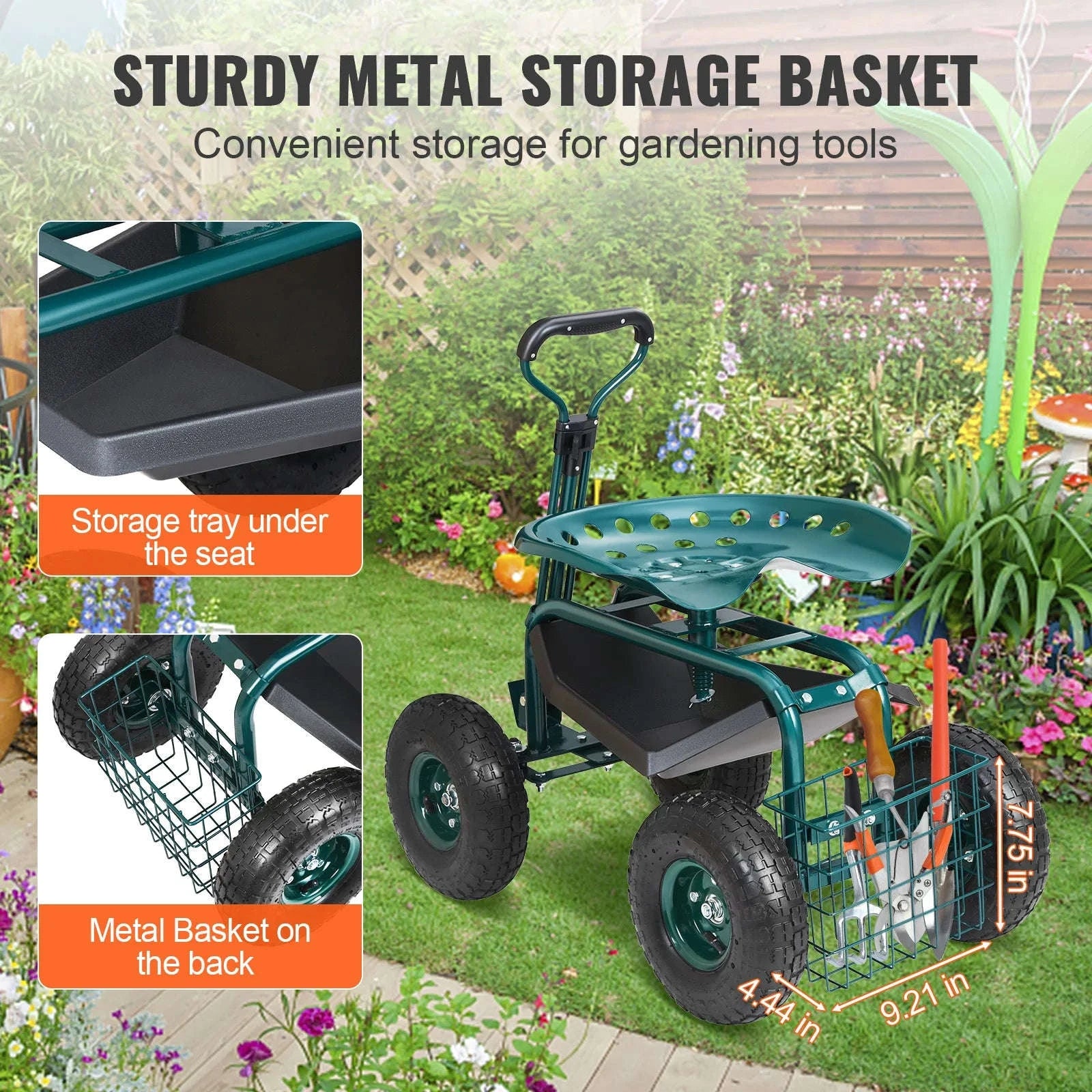 Rolling Garden Cart with Seat and Wheels-Green / CZECH REPUBLIC