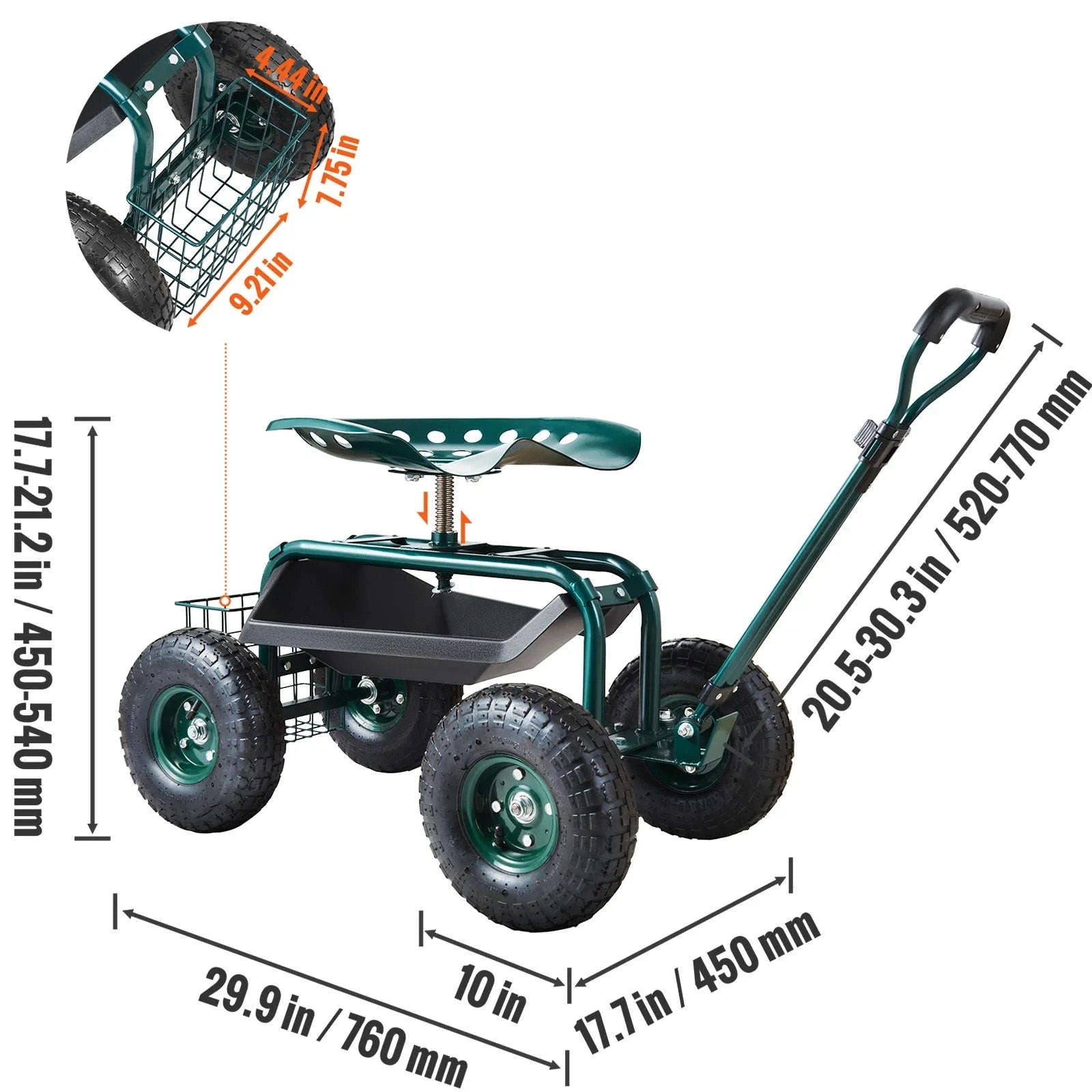 Rolling Garden Cart with Seat and Wheels-Green / CZECH REPUBLIC