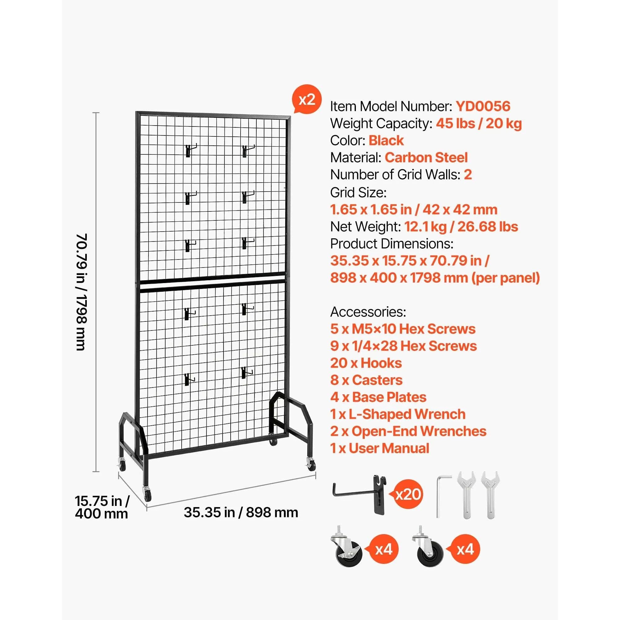 Rolling Grid Wall Display Panel with Hooks and Wheels-70-80inch 2 Packs / United States