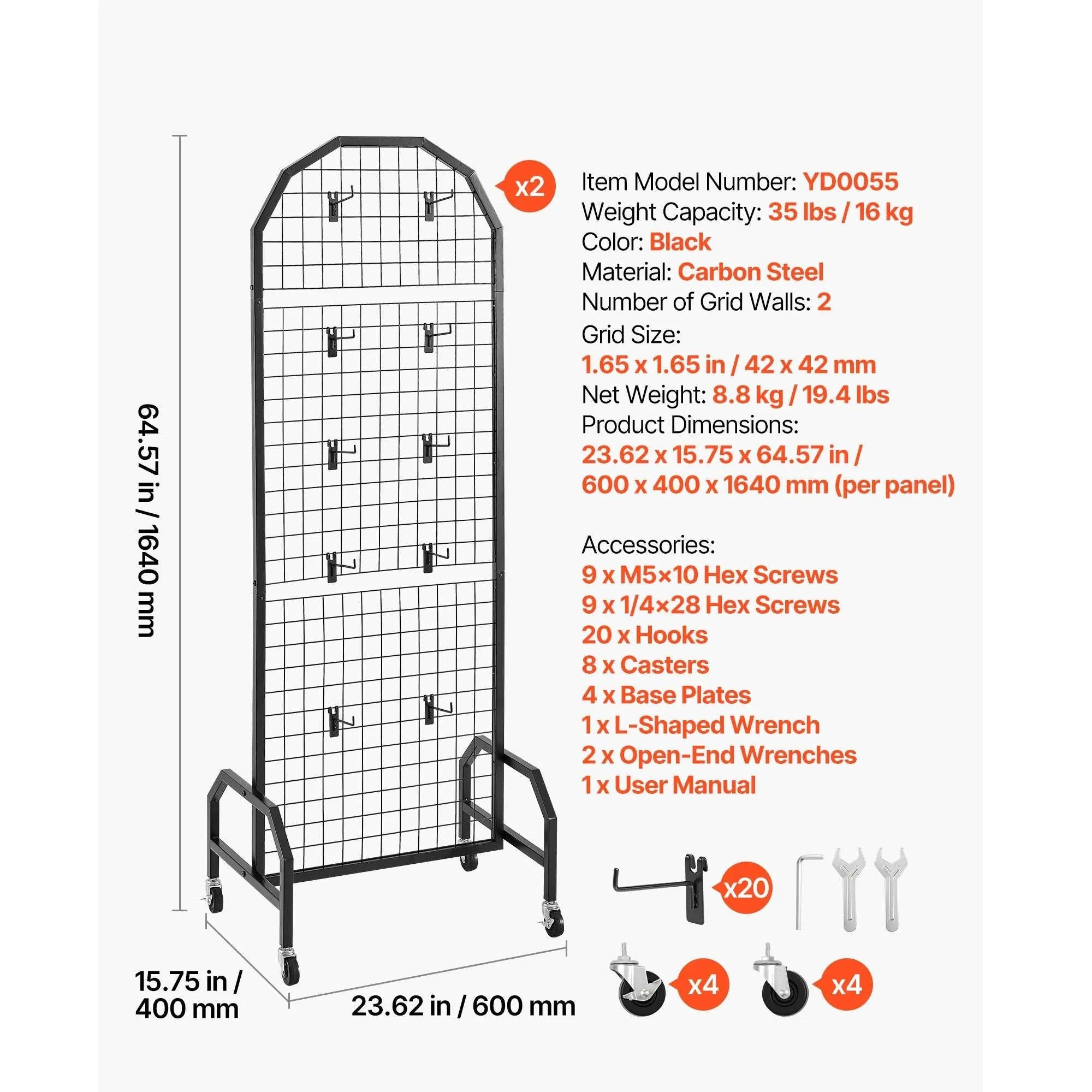 Rolling Grid Wall Display Panel with Hooks and Wheels-70-80inch 2 Packs / United States