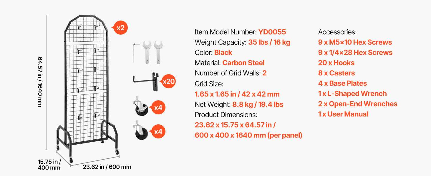 Rolling Grid Wall Display Panel with Hooks and Wheels-70-80inch 2 Packs / United States