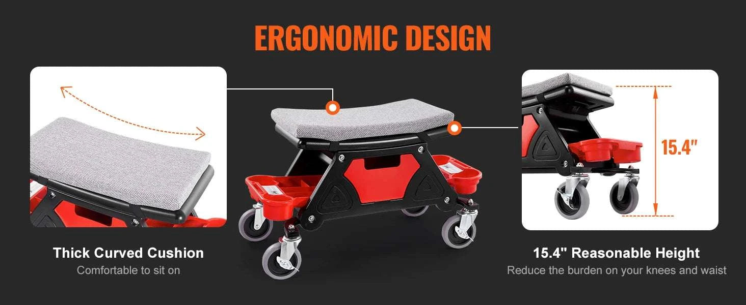 Rolling Mechanic Seat with Wheels, Tool Trays & 300 lb Capacity-United States