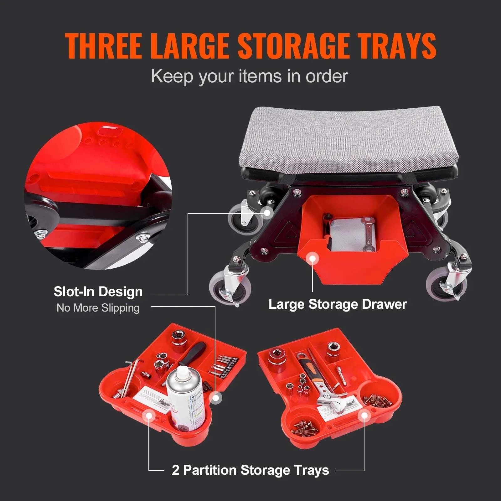 Rolling Mechanic Seat with Wheels, Tool Trays & 300 lb Capacity-United States