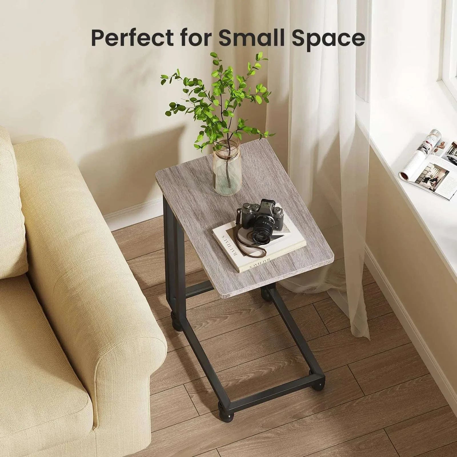 Rolling Overbed Sofa Table with Wheels Metal Frame C-Shape Desk-Brown / United States