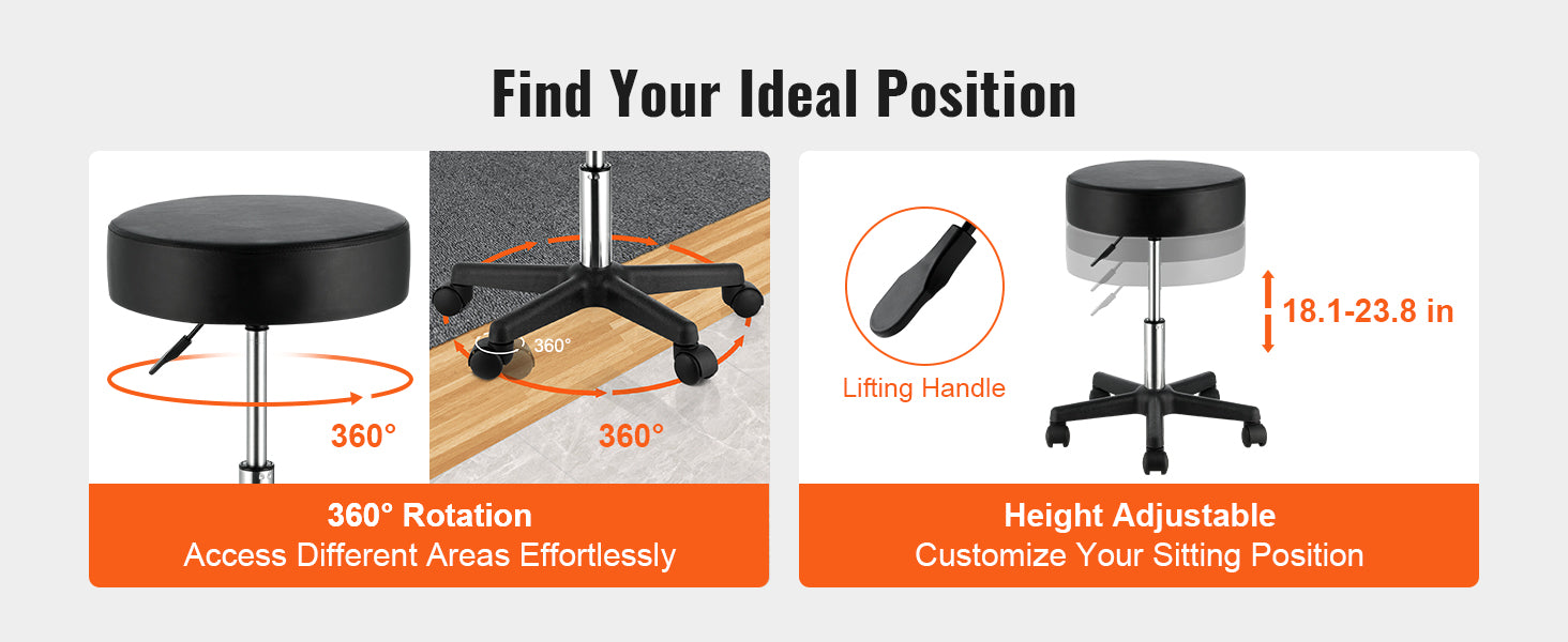 Adjustable Rolling Stool with Wheels 360° Swivel Salon Chair