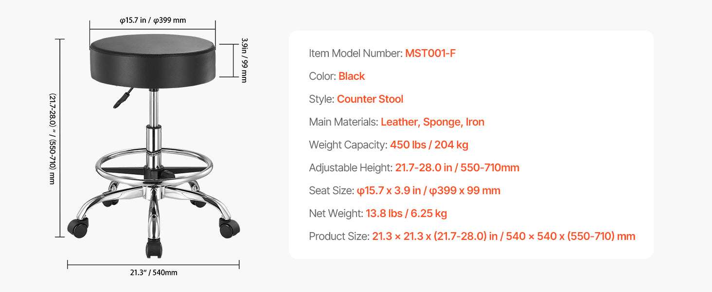 Rolling Stool Chair with Wheels 450 lb Capacity Adjustable Height-Black Back Support / United States